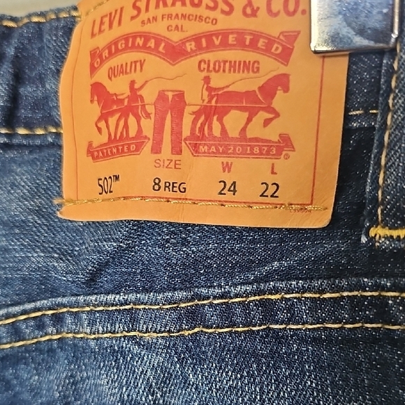 Levi's Dark Blue Distressed 502 Regular Taper Jeans Boy Size 8 Adjustable Waist - Picture 6 of 8